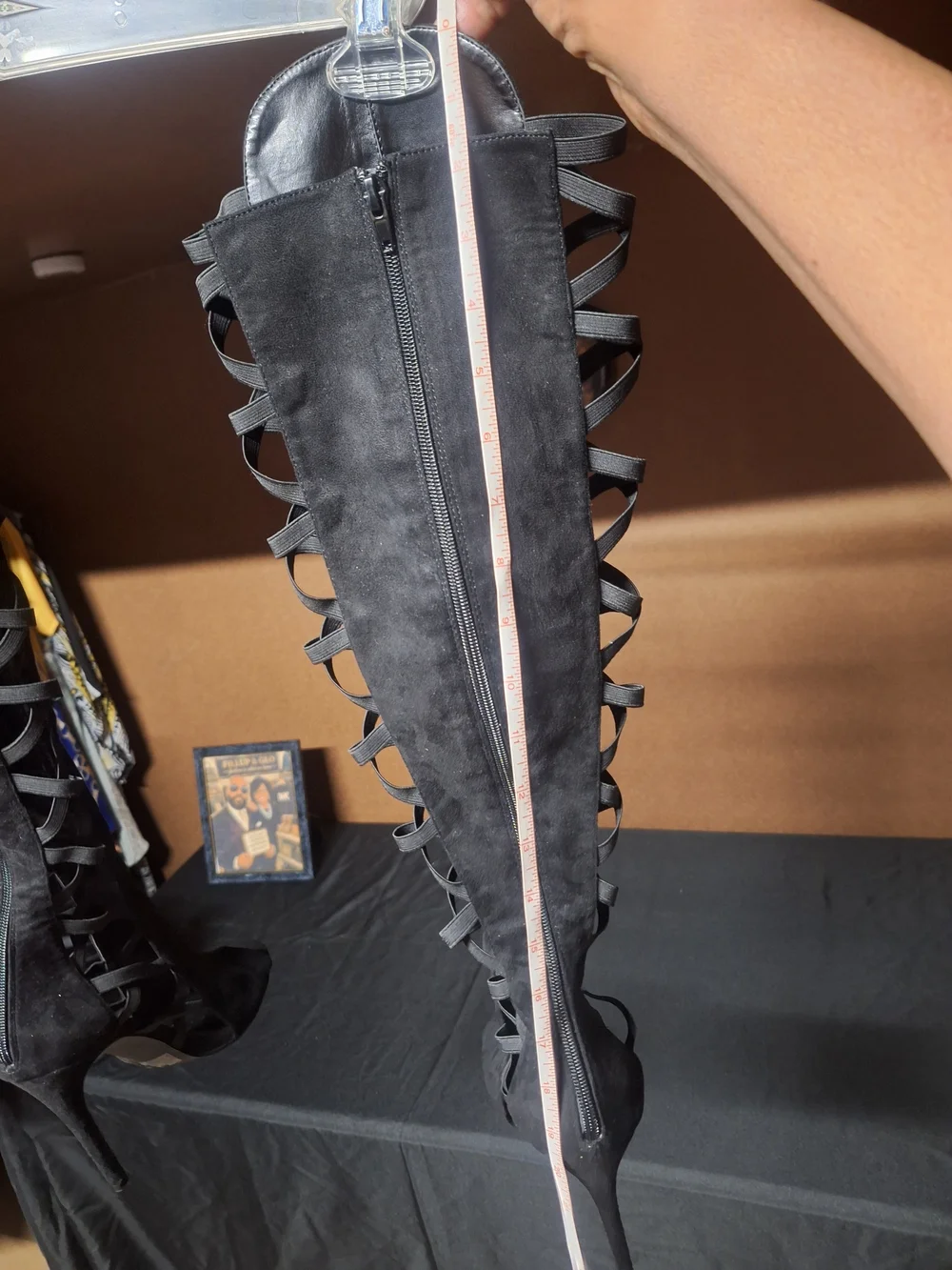 Black Over-the-Knee Lace-Up Peep-Toe Boots
